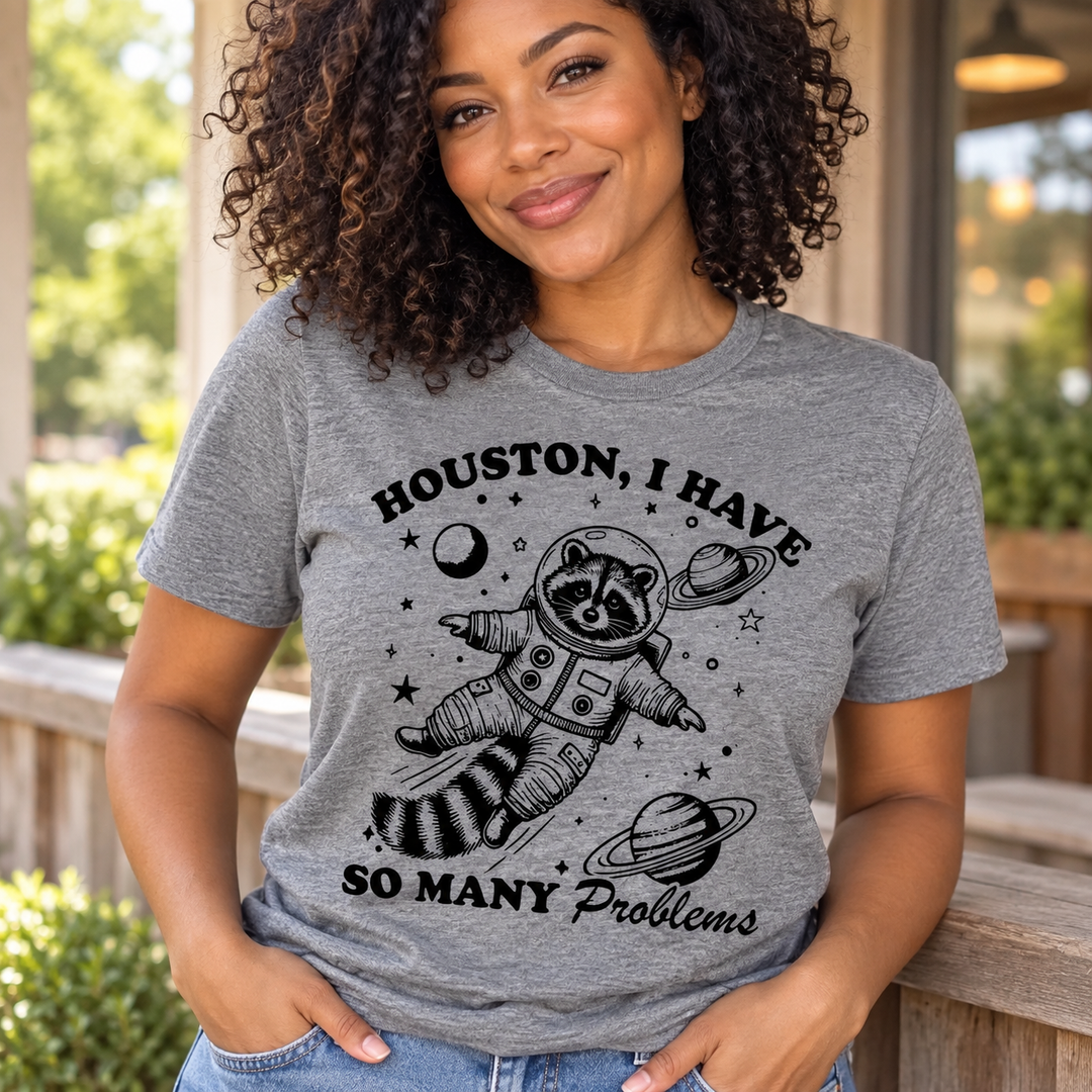 Houston I Have So Many Problems gray tee close-up model