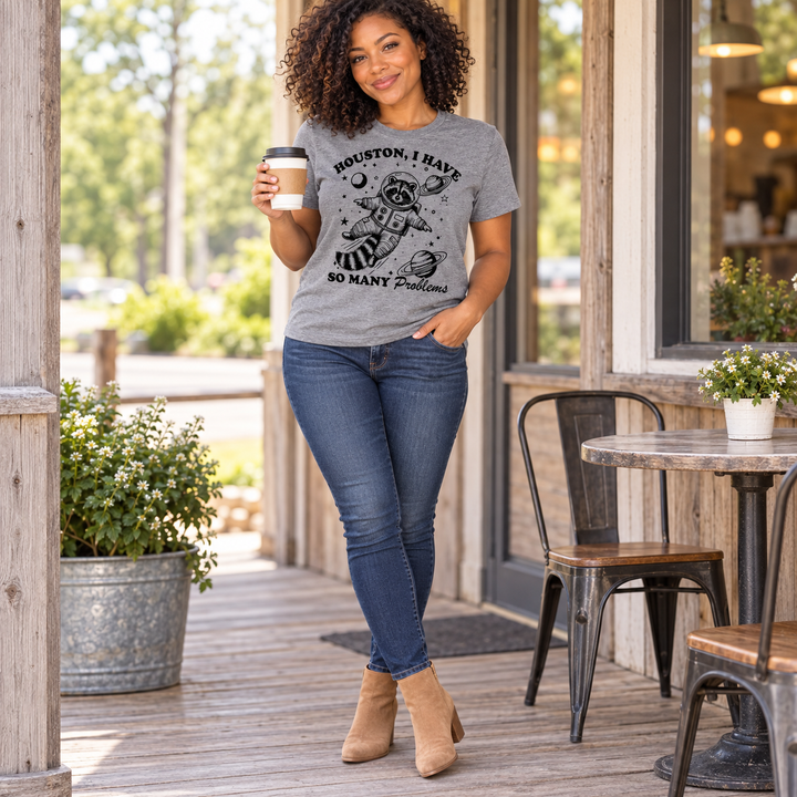 Houston I Have So Many Problems gray tee full-body lifestyle