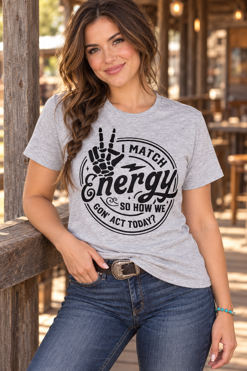 How We Gonna Act heather grey tee close-up model
