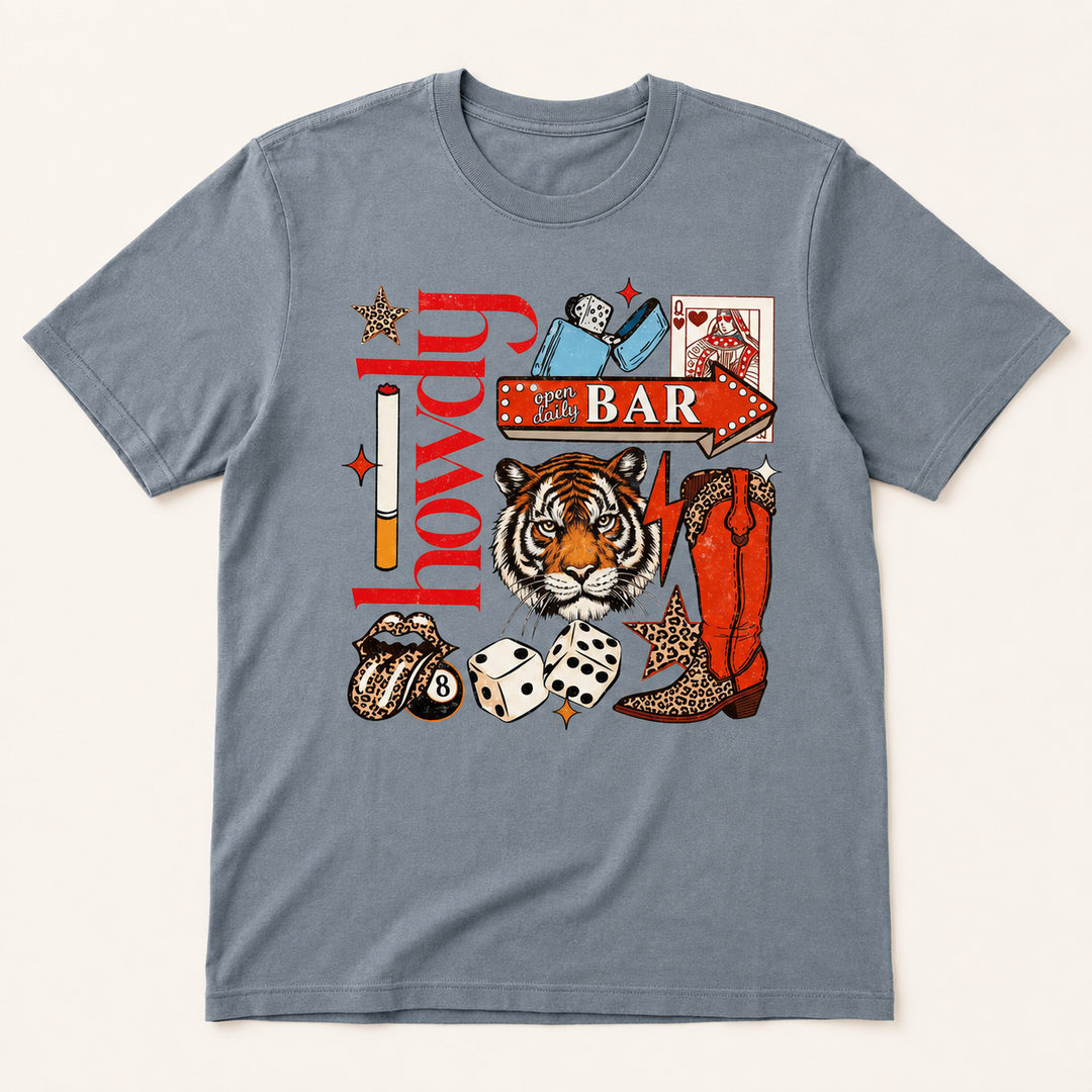 Howdy Bar grey Western collage graphic tee flat product view