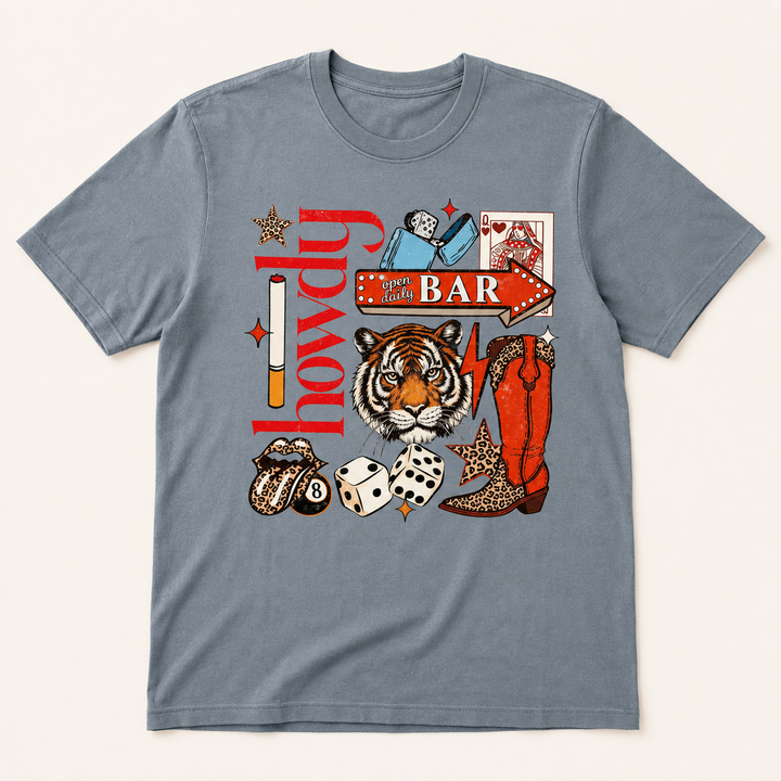 Howdy Bar grey Western collage graphic tee flat product view