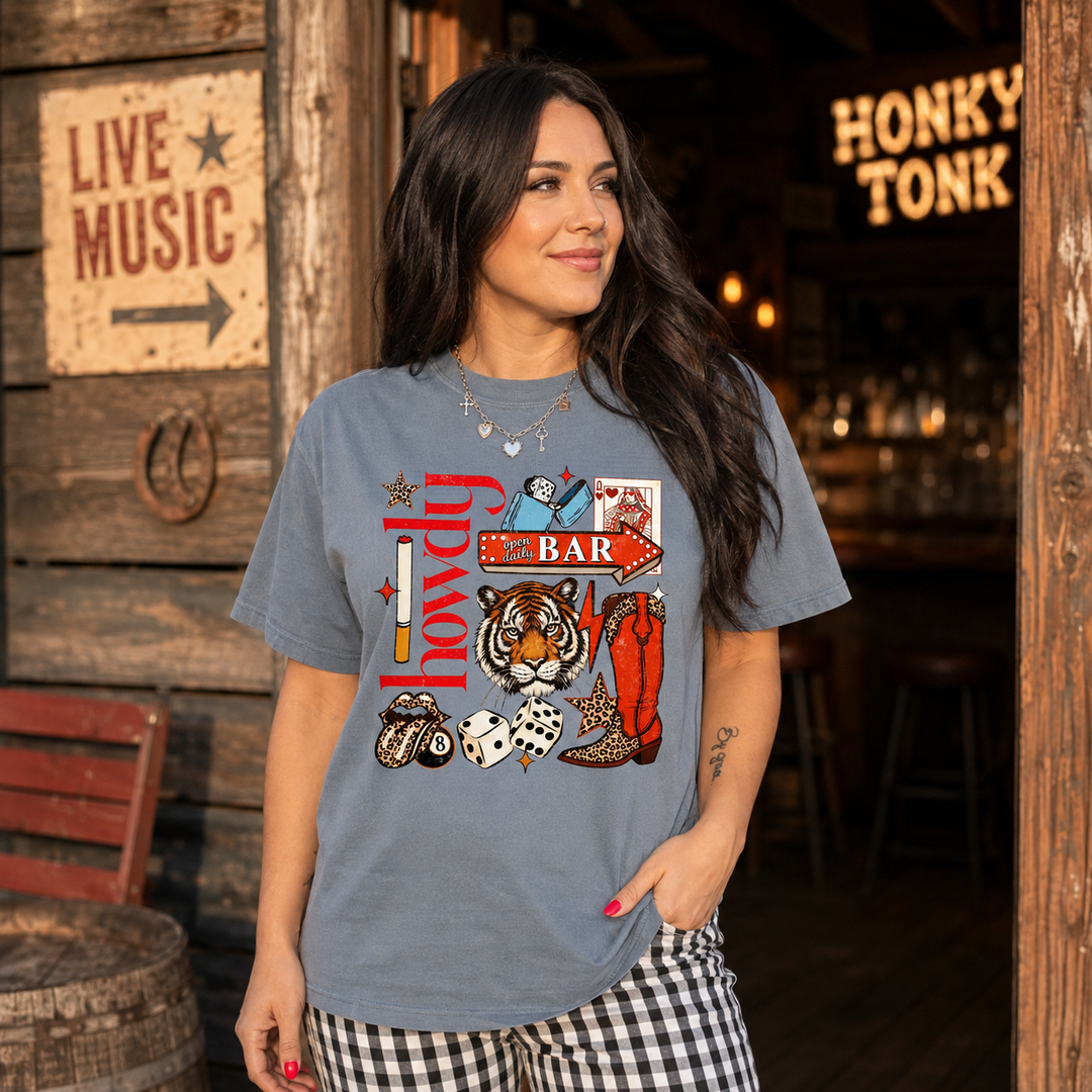 Woman wearing Howdy Bar grey Western collage graphic tee