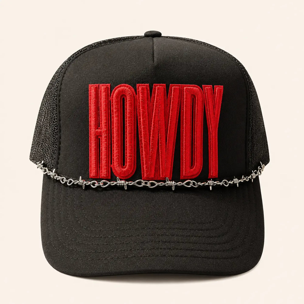 Black HOWDY Western trucker hat with raised red lettering and silver-tone barbwire chain, product view
