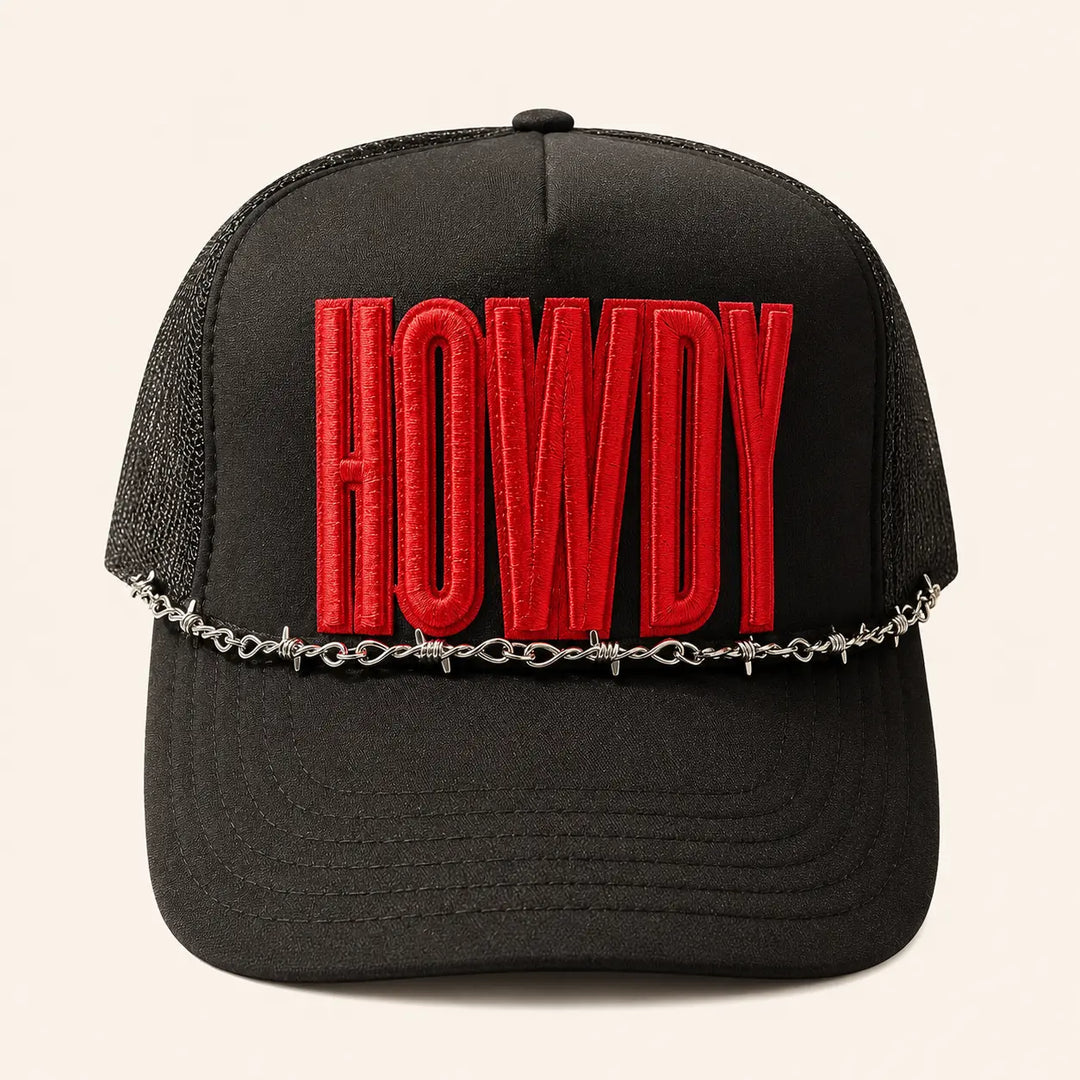 Black HOWDY Western trucker hat with raised red lettering and silver-tone barbwire chain, product view