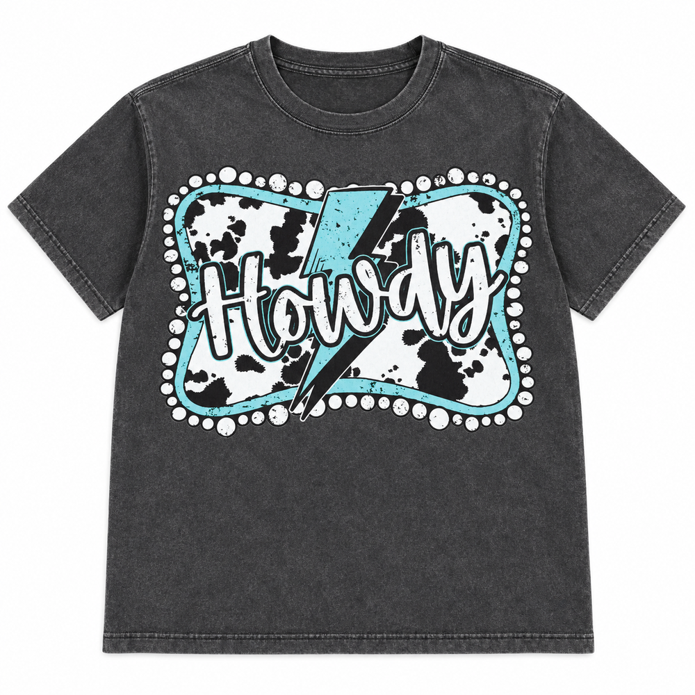 Howdy Cow Turquoise Lightning Pepper Graphic Tee lay-flat on white background