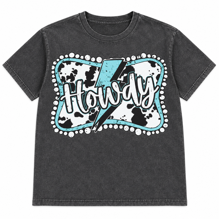 Howdy Cow Turquoise Lightning Pepper Graphic Tee lay-flat on white background