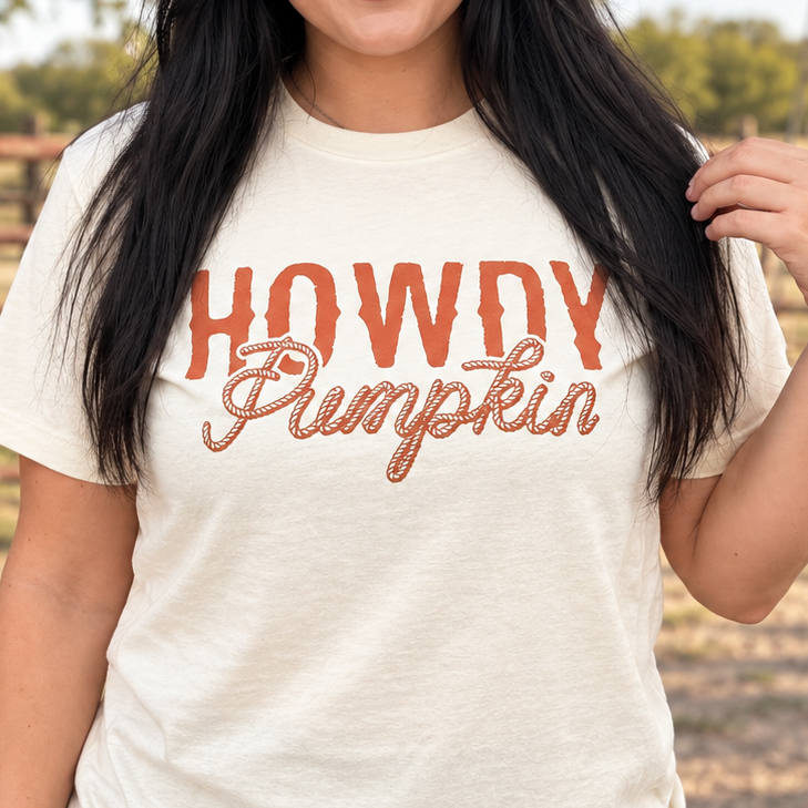 Woman modeling Howdy Pumpkin Rope Natural Western Fall Tee, complete front view