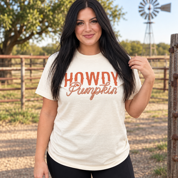 Woman modeling Howdy Pumpkin Rope Natural Western Fall Tee, complete front view