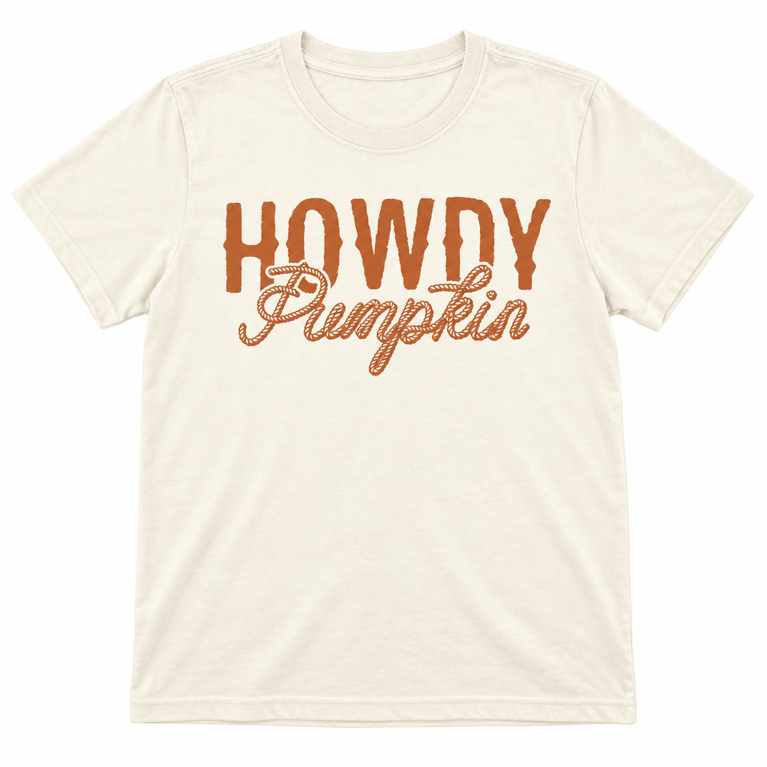 Howdy Pumpkin Rope Natural Western Fall Tee laid flat on pure white