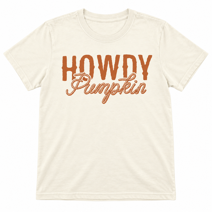 Howdy Pumpkin Rope Natural Western Fall Tee laid flat on pure white