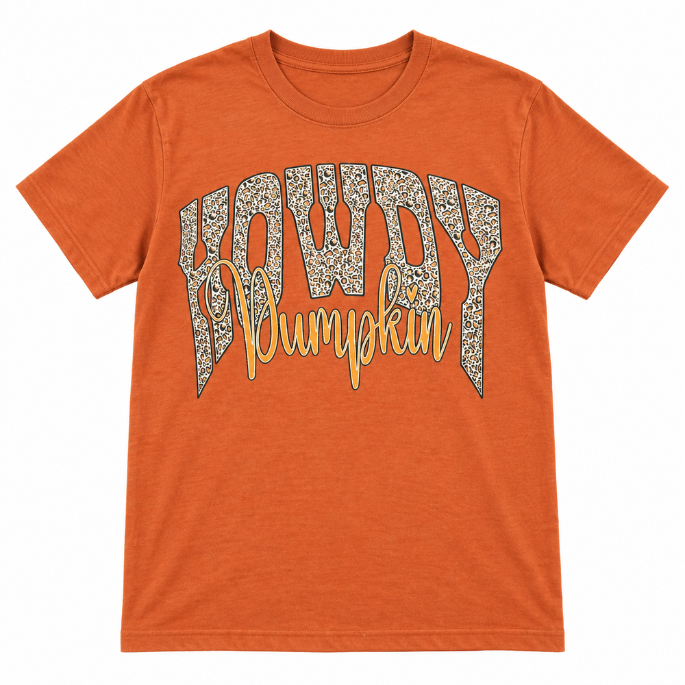 Howdy Pumpkin Western Fall Graphic Tee complete lay-flat on pure white background