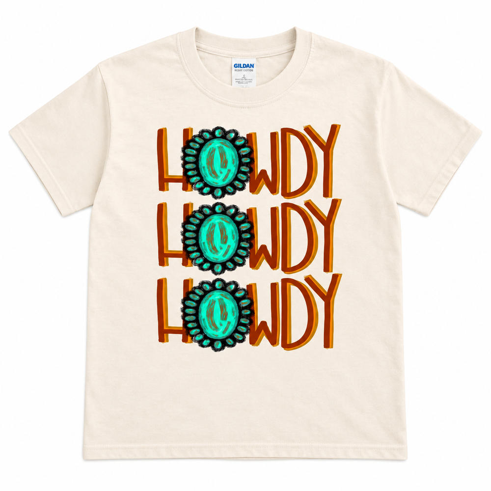 Howdy Turquoise ivory Western tee lay-flat on white