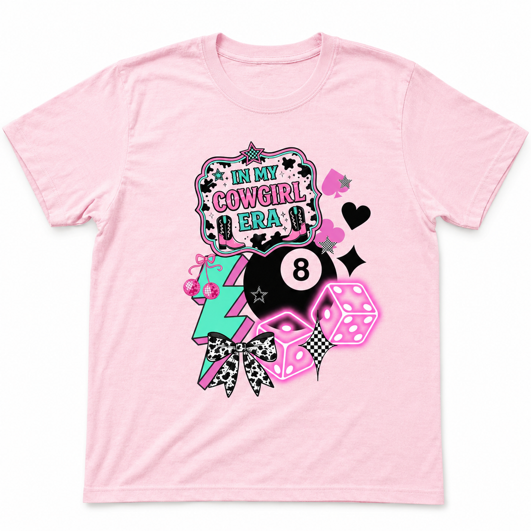 In My Cowgirl Era blossom-pink Western graphic tee on a clean studio background