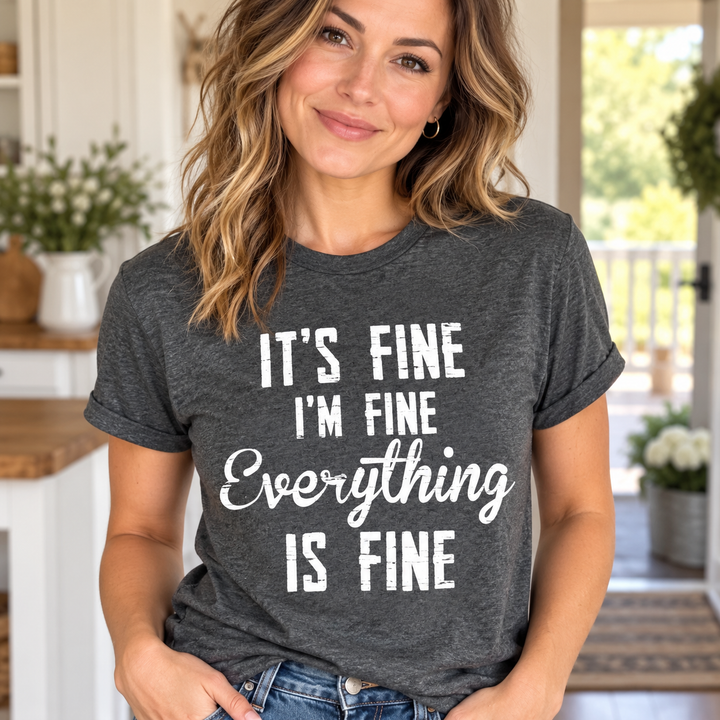 It’s Fine I’m Fine graphite tee close model view at a farmhouse