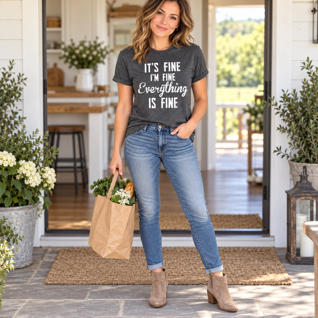 It’s Fine I’m Fine graphite tee full-body farmhouse lifestyle
