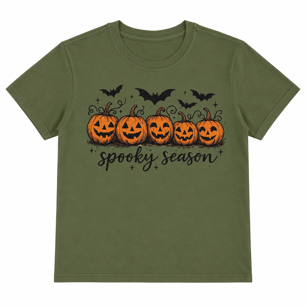 Spooky Season Jack and Bats military green tee flat lay on pure white background