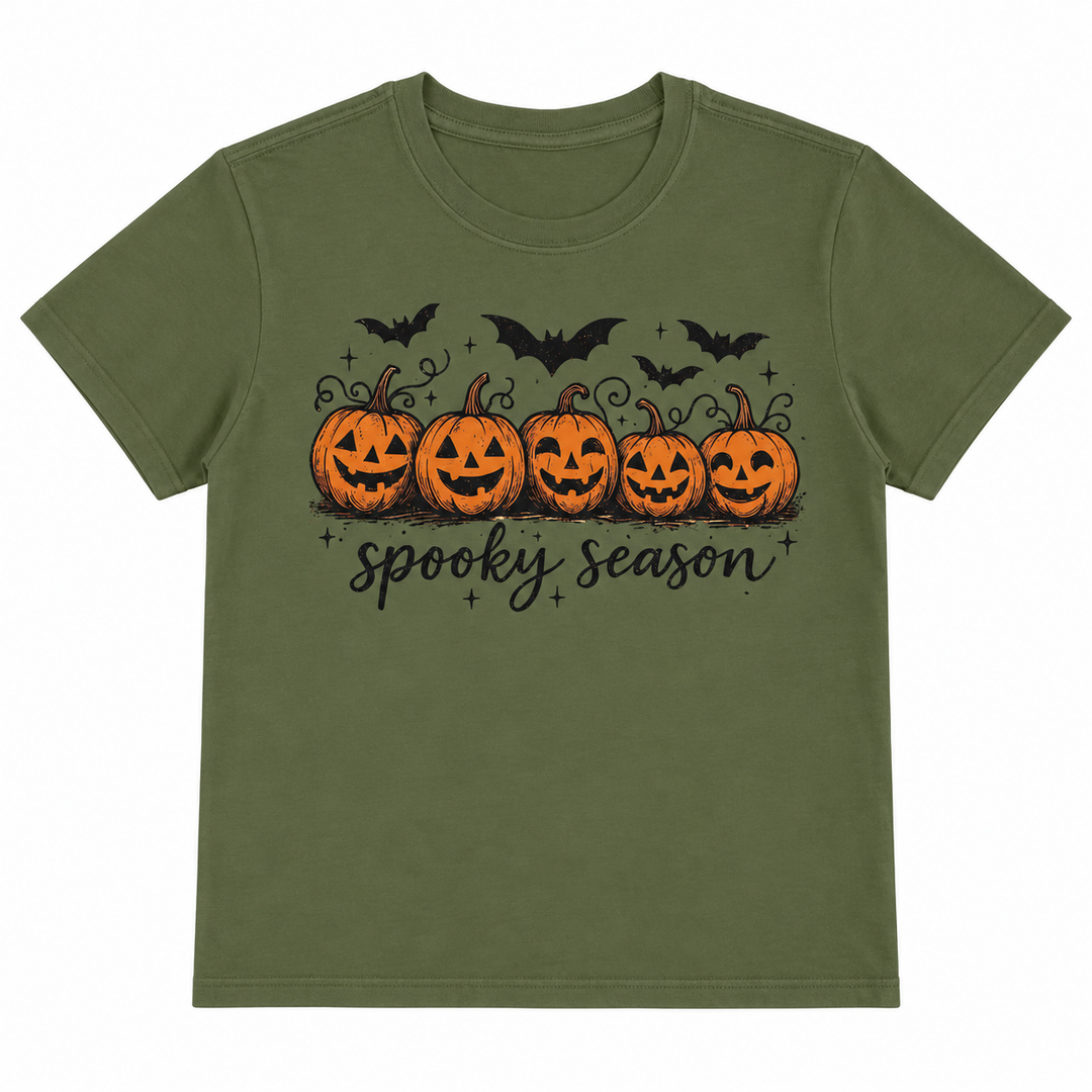 Spooky Season Jack and Bats military green tee flat lay on pure white background