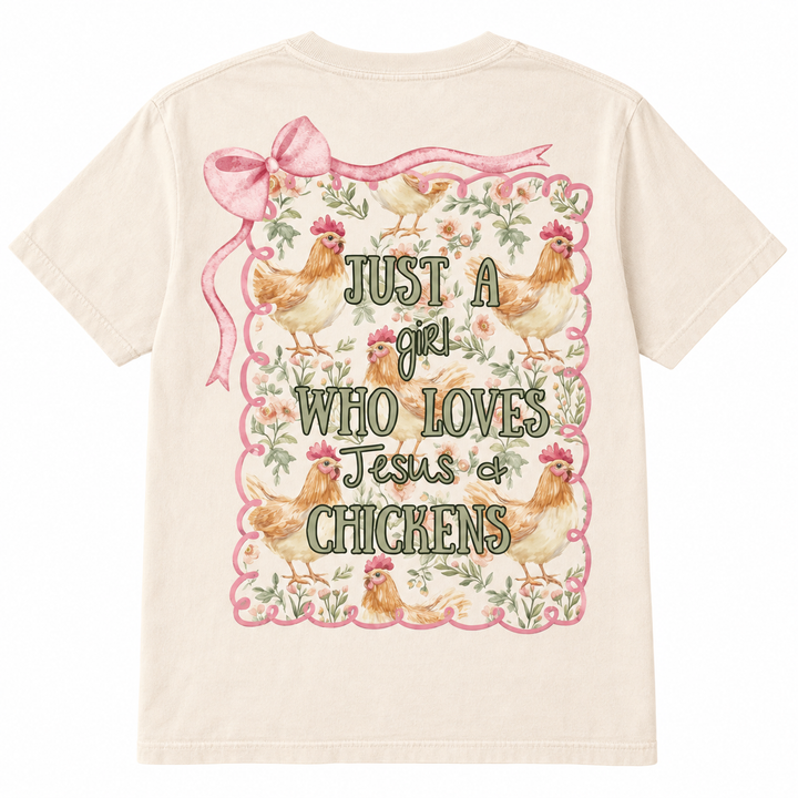 Jesus and Chickens Ivory country faith graphic T-shirt flat back view