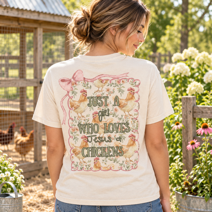 Woman wearing Jesus and Chickens Ivory country faith graphic T-shirt back view