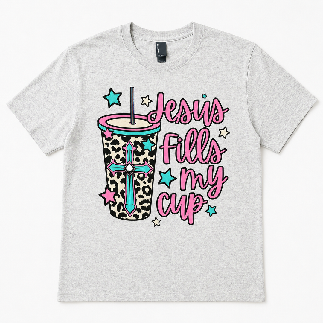 Jesus Fills My Cup heather-gray faith graphic tee with leopard tumbler and turquoise cross, front product view