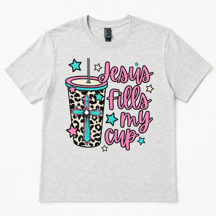 Jesus Fills My Cup heather-gray faith graphic tee with leopard tumbler and turquoise cross, front product view