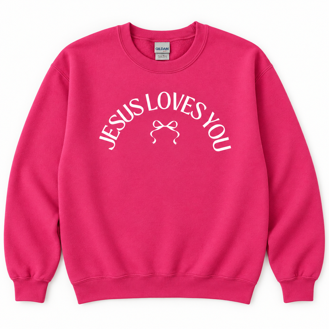 Jesus Loves You Heliconia pink faith graphic crewneck sweatshirt flat product view