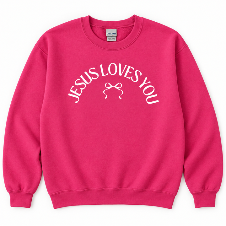 Jesus Loves You Heliconia pink faith graphic crewneck sweatshirt flat product view