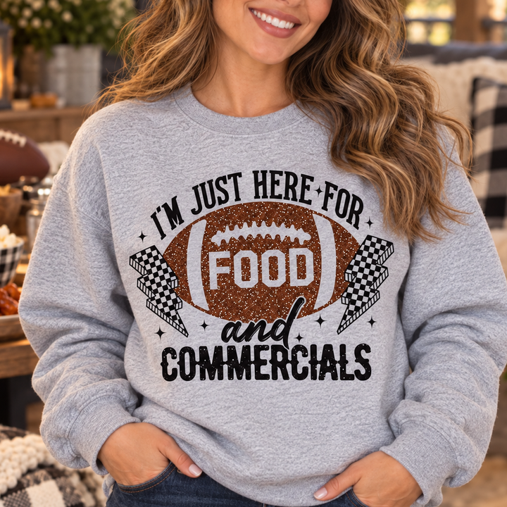 Just Here for the Food Sport Grey game day crewneck close model view