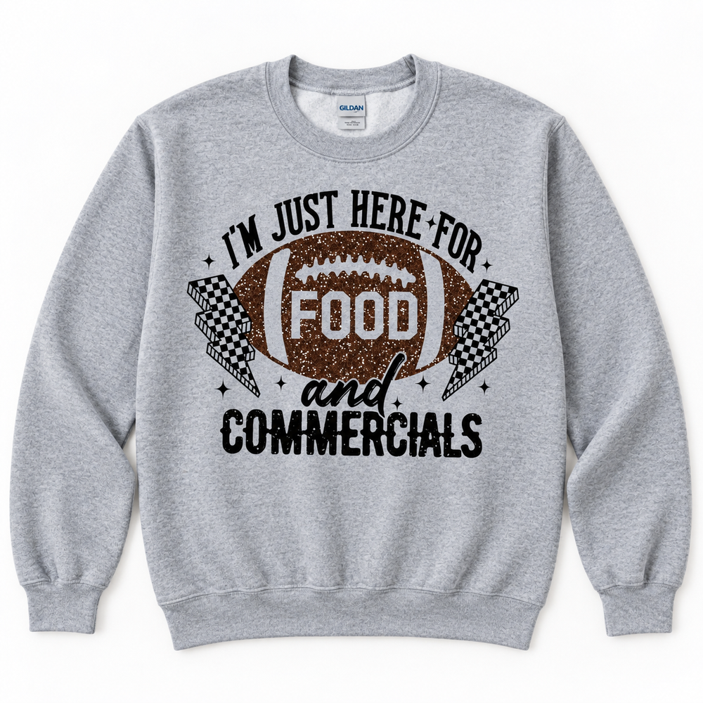 Just Here for the Food and Commercials Sport Grey game day crewneck flat product view