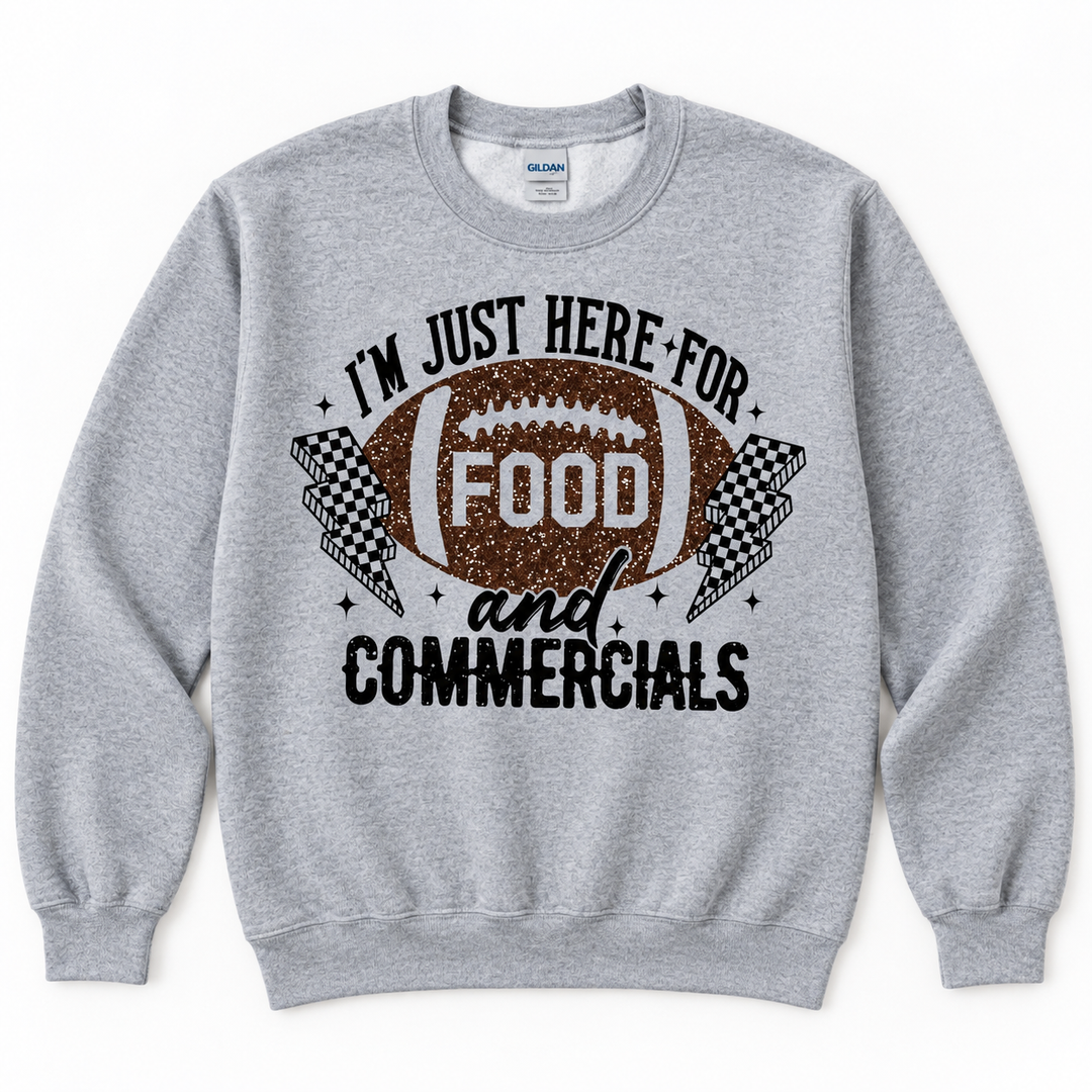 Just Here for the Food and Commercials Sport Grey game day crewneck flat product view