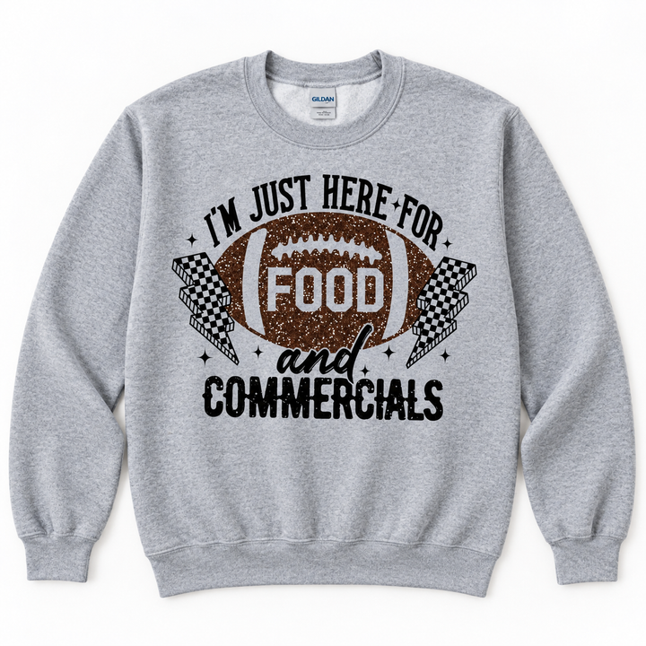 Just Here for the Food and Commercials Sport Grey game day crewneck flat product view