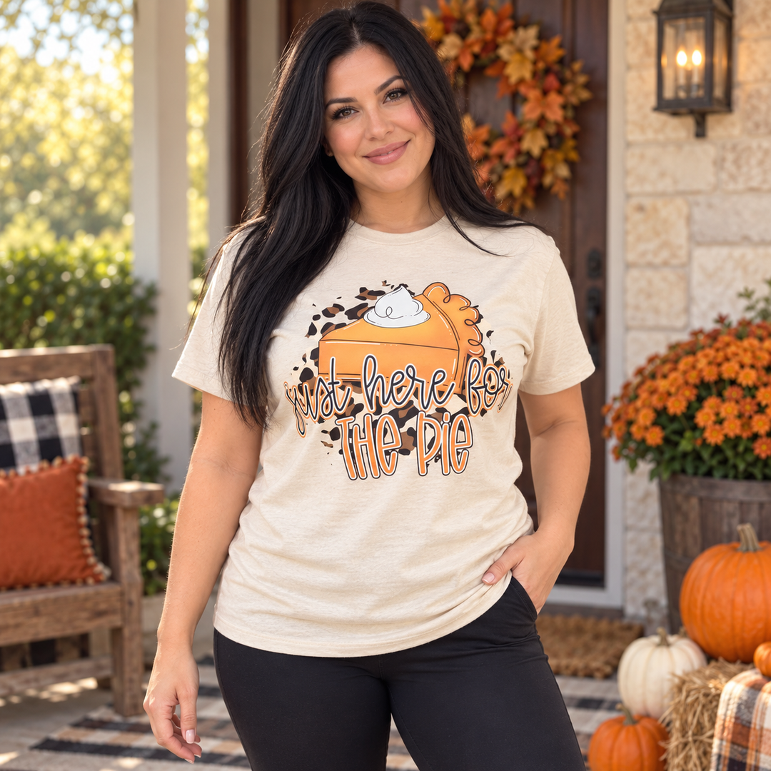 Just Here for the Pie Sand Thanksgiving Graphic Tee complete front model view