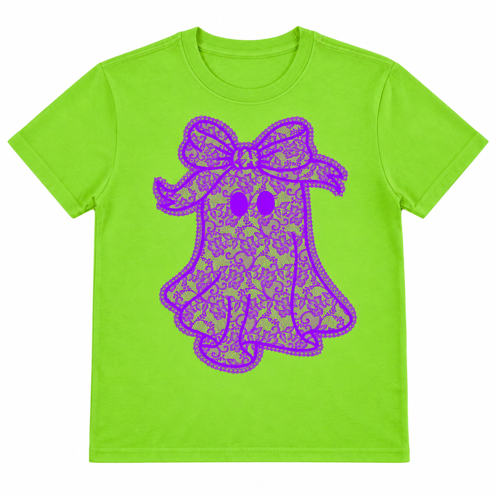 Lace Ghost lime Halloween graphic tee flat lay on white