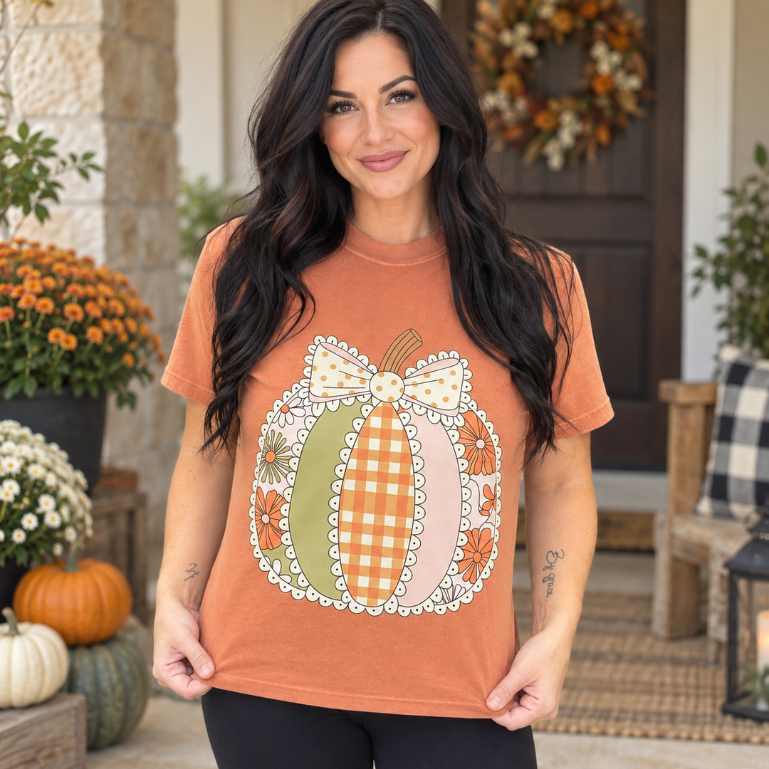 Dark-haired woman in Lace Patchwork Pumpkin Yam tee, complete head and shirt
