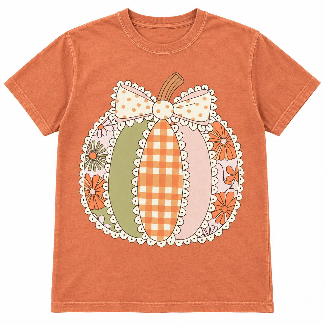 Lace Patchwork Pumpkin Yam fall graphic tee flat lay on pure white