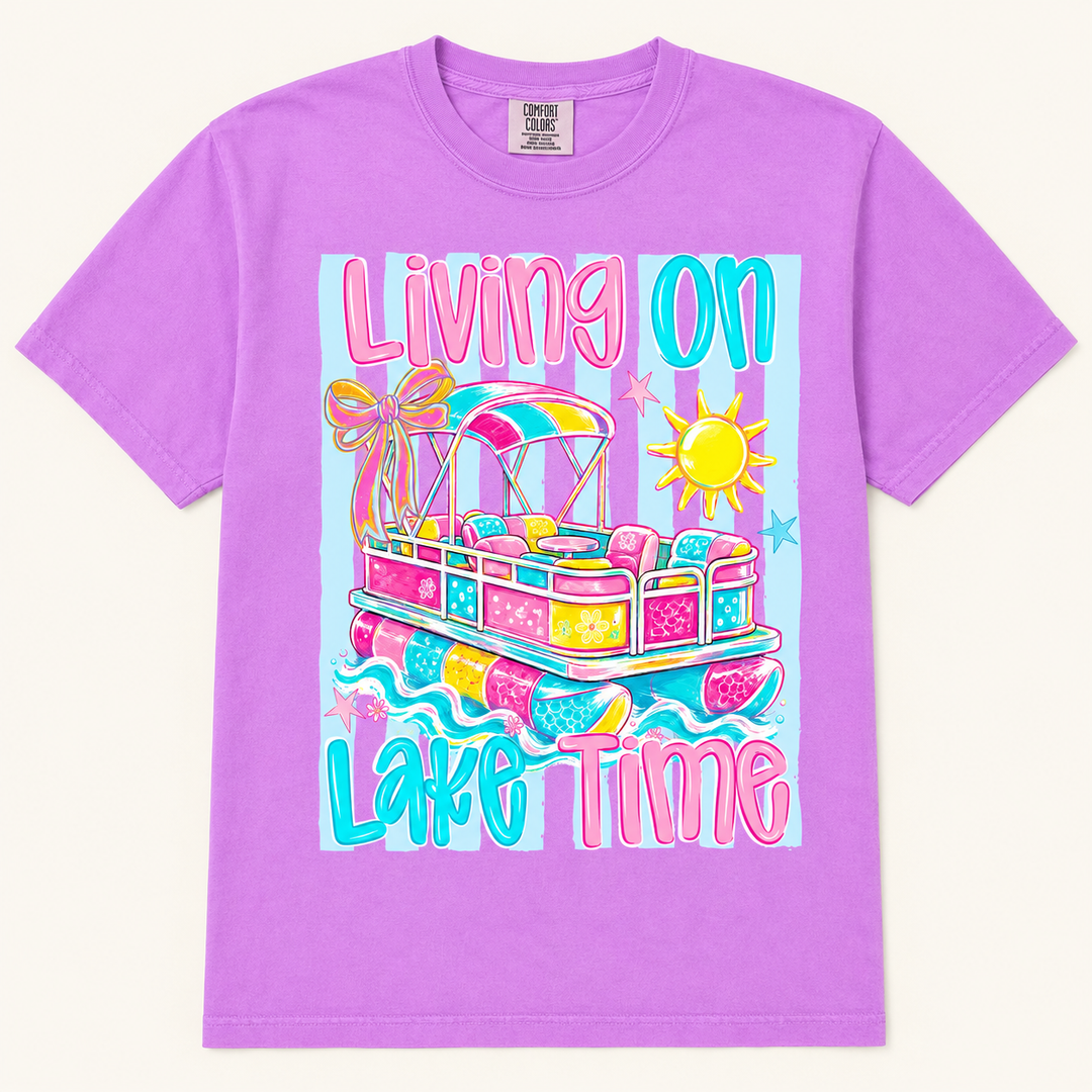 Living on Lake Time neon violet graphic tee with colorful pontoon boat, front product view