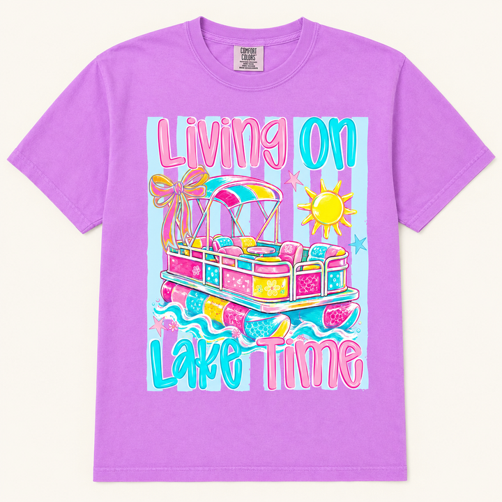 Living on Lake Time neon violet graphic tee with colorful pontoon boat, front product view