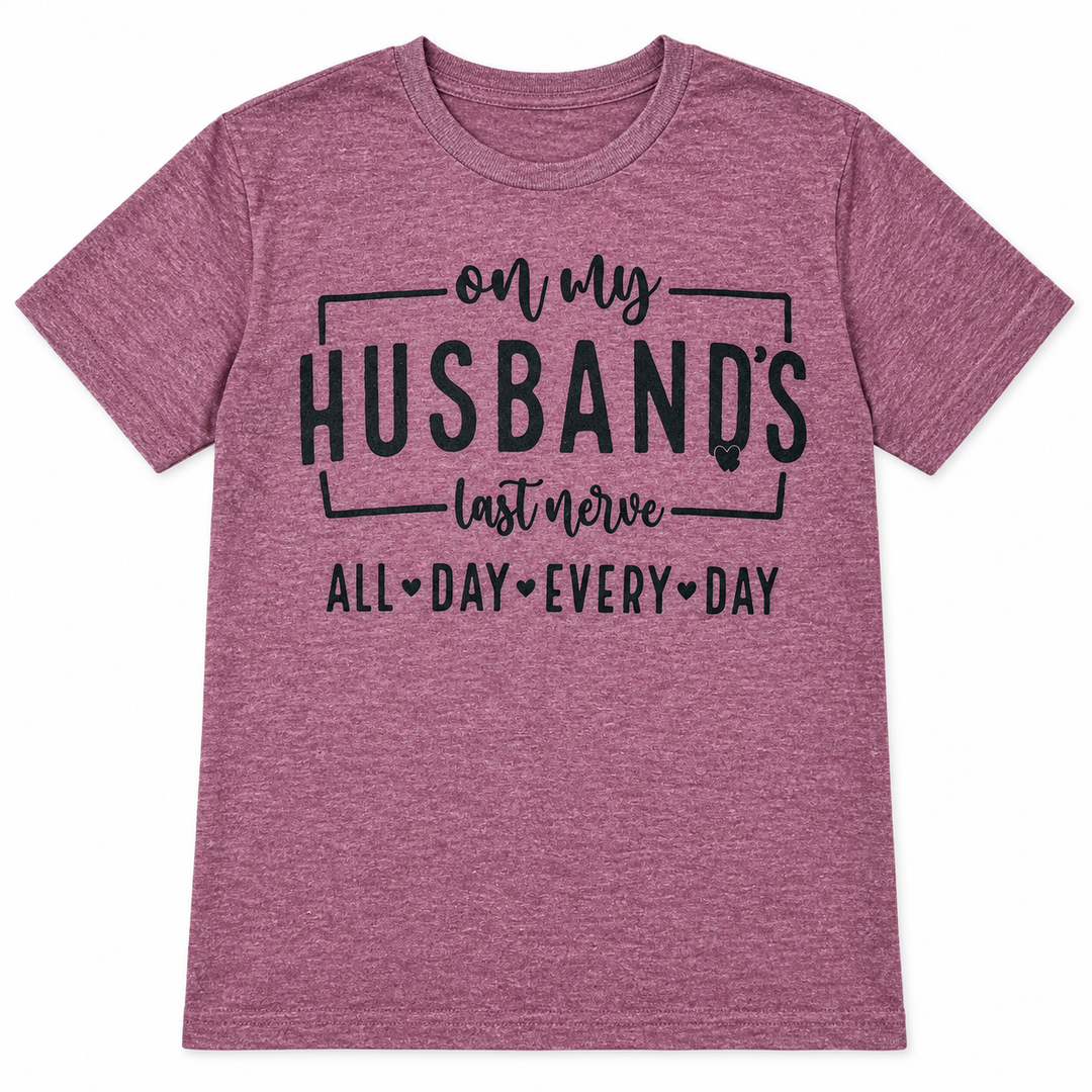 Heather burgundy Husband’s Last Nerve wife-life graphic tee laid flat on pure white