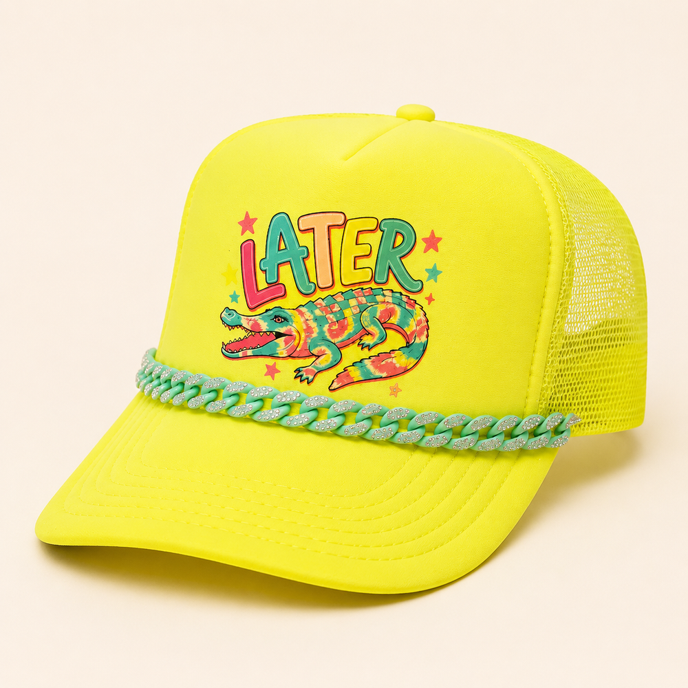 Neon yellow Later Gator trucker hat with colorful alligator and chain trim, product view