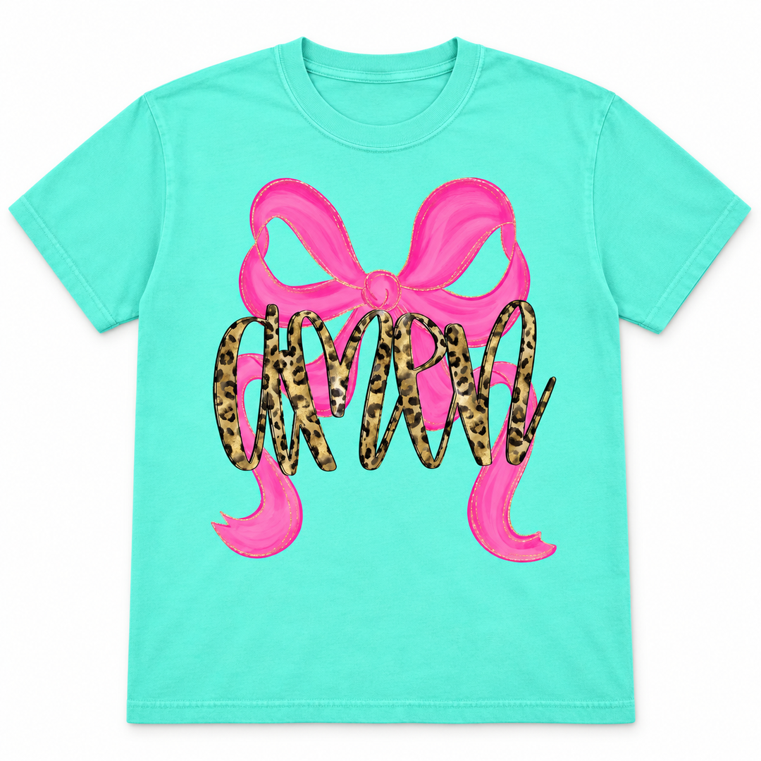 Leopard AMEN pink bow Island Reef graphic tee, clean flat product view