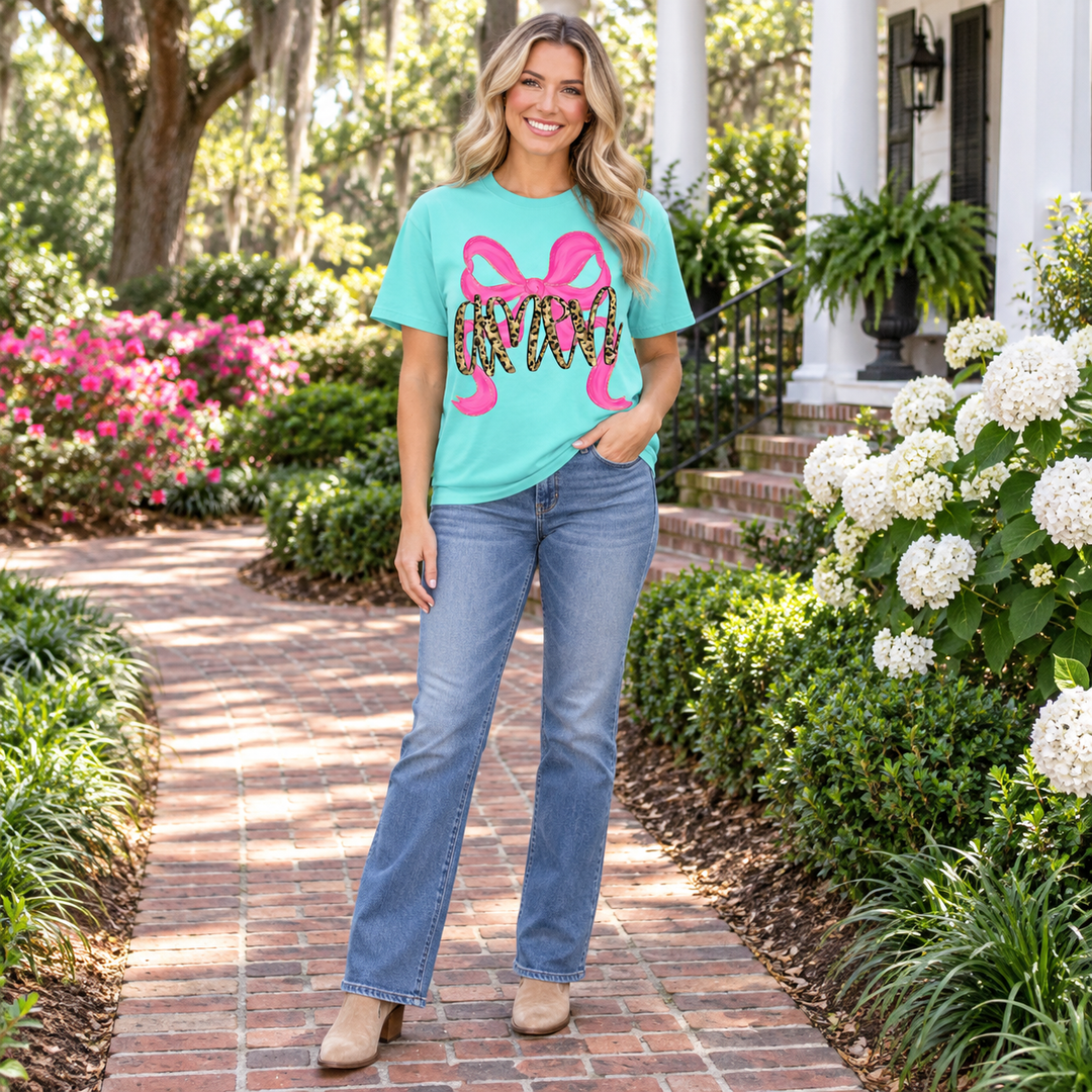 Leopard AMEN bow Island Reef tee, full-body Southern garden lifestyle