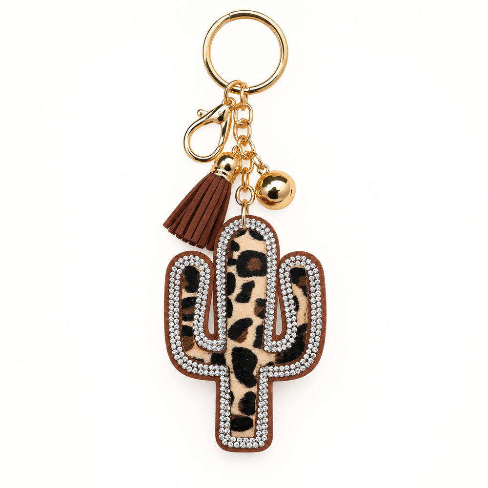 Leopard cactus rhinestone Western keychain flat product view