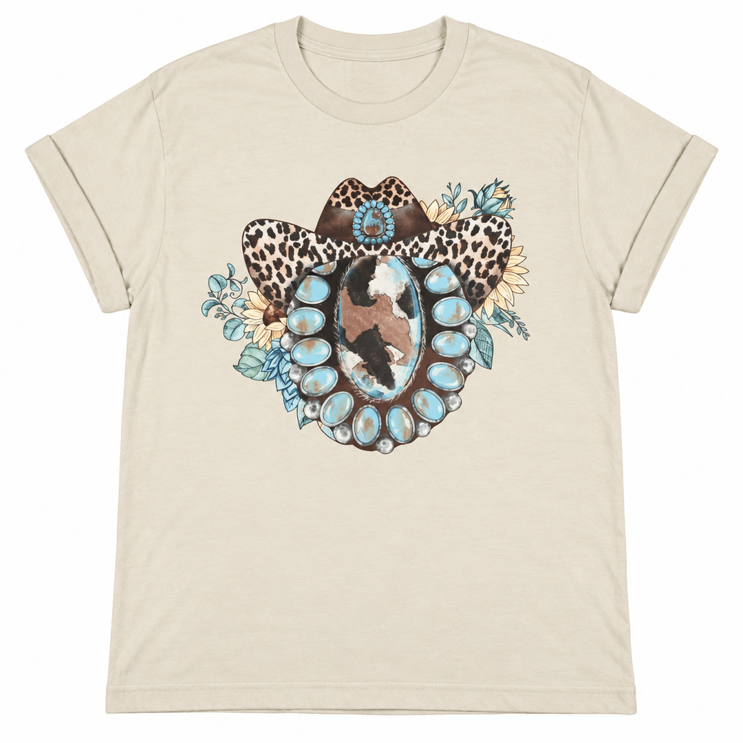 Leopard Cowboy Hat Turquoise Gemstone putty tee lay-flat on white