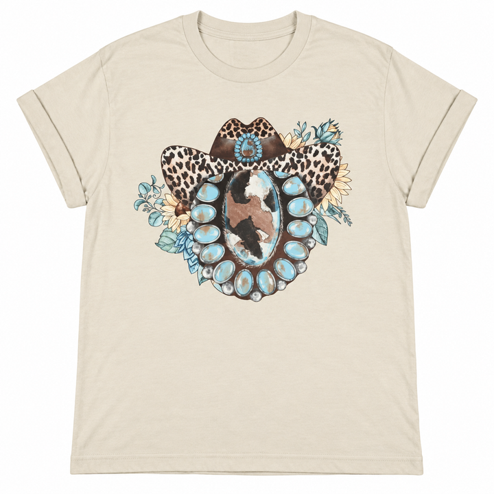 Leopard Cowboy Hat Turquoise Gemstone putty tee lay-flat on white