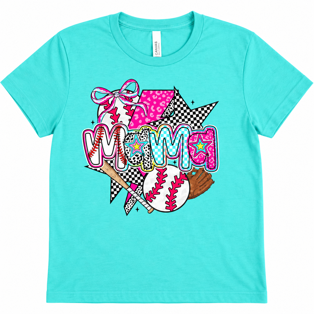 Leopard Lightning Baseball Mama turquoise tee lay-flat on white