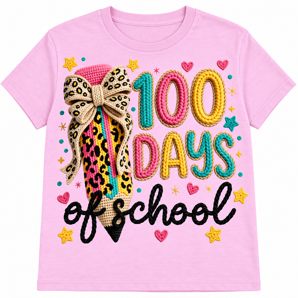 Leopard Pencil 100 Days of School Pink graphic T-shirt flat product view