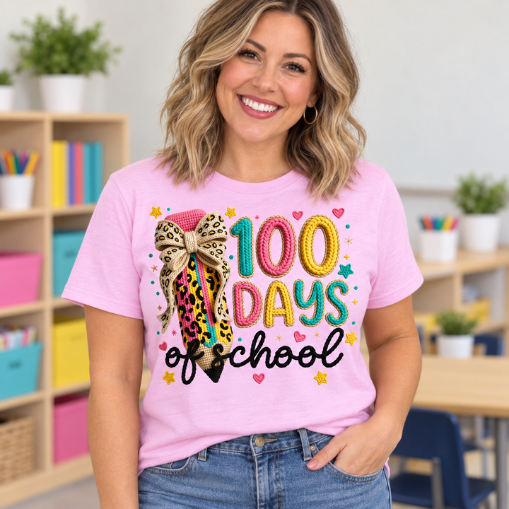 Woman teacher wearing Leopard Pencil 100 Days of School Pink graphic T-shirt