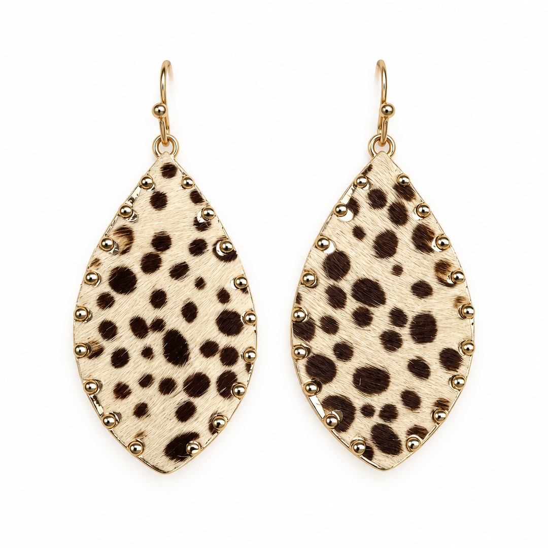 Leopard faux fur teardrop statement earrings flat product view