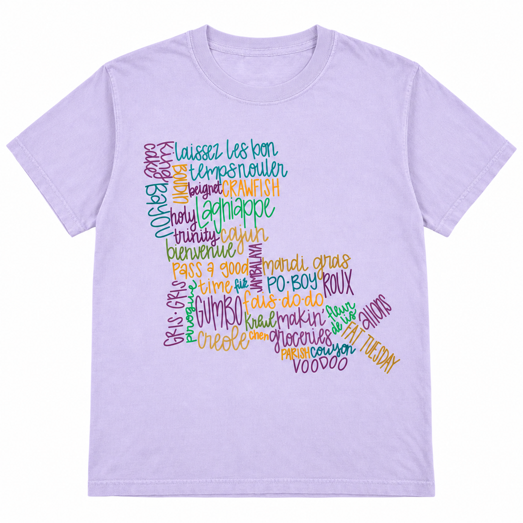 Louisiana Mardi Gras word collage Orchid graphic tee on white background