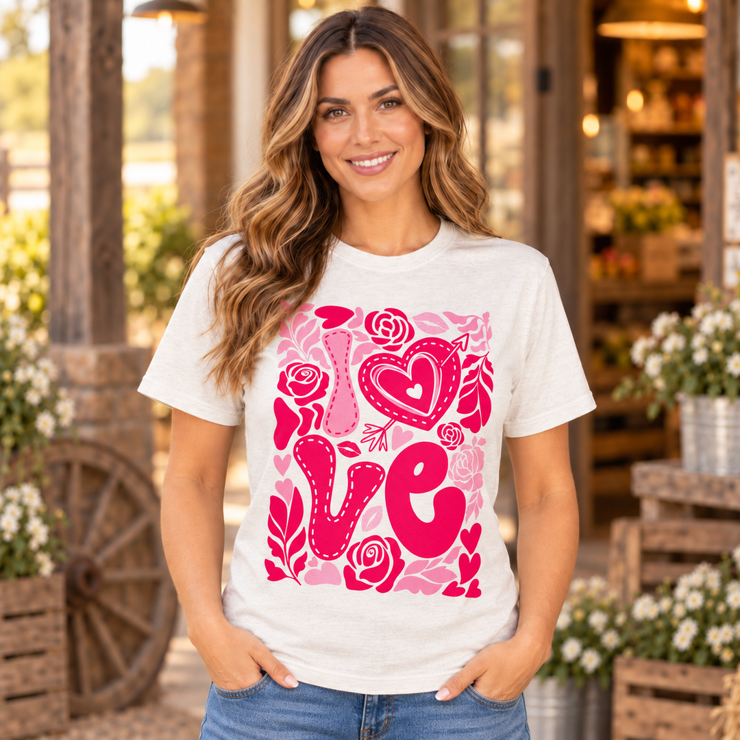Woman wearing the light beige Love and Roses retro graphic tee in a close-up Western boutique portrait